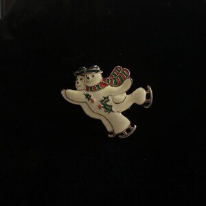 Vintage (70s) SJF Ice Skating Snowman Couple Brooch – Gold Tone Finish